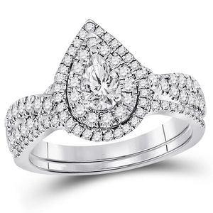 14kt White Gold Womens Pear Diamond Bridal Wedding Engagement Ring Band Set 1.00 Cttw (Certified)