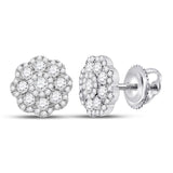 14kt White Gold Womens Round Diamond Flower Cluster Earrings 1.00 Cttw