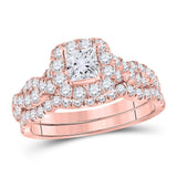 14kt Rose Gold Womens Princess Diamond Bridal Wedding Engagement Ring Band Set 1-1/2 Cttw