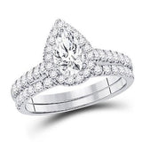 14kt White Gold Womens Pear Diamond Bridal Wedding Engagement Ring Band Set 1-1/2 Cttw (Certified)