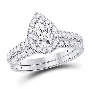 14kt White Gold Womens Pear Diamond Bridal Wedding Engagement Ring Band Set 1-1/2 Cttw (Certified)