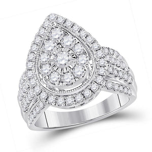 14kt White Gold Womens Round Diamond Right Hand Pear Shaped Cluster Ring 1-1/2 Cttw