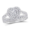 14kt White Gold Womens Round Diamond Heart Bridal Wedding Engagement Ring Band Set 1.00 Cttw