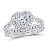 14kt White Gold Womens Round Diamond Heart Bridal Wedding Engagement Ring Band Set 1.00 Cttw
