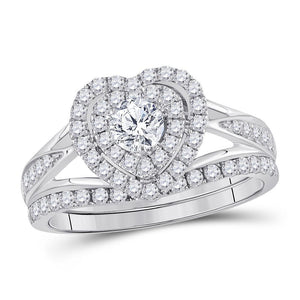 14kt White Gold Womens Round Diamond Heart Bridal Wedding Engagement Ring Band Set 1.00 Cttw