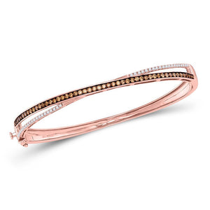 14kt Rose Gold Womens Round Brown Diamond Crossover Bangle Bracelet 1.00 Cttw
