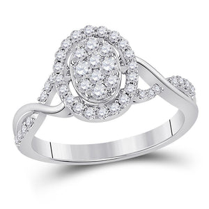 14kt White Gold Womens Round Diamond Fashion Cluster Oval Ring 1/2 Cttw
