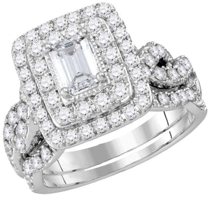 14kt White Gold Womens Emerald Diamond Bridal Wedding Engagement Ring Band Set 2.00 Cttw (Certified)