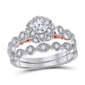 14kt Two-tone Gold Womens Round Diamond Lotus Bridal Wedding Ring Band Set 3/4 (Certified)