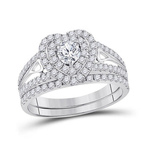 14kt White Gold Womens Round Diamond Heart Bridal Wedding Engagement Ring Band Set 1-1/5 Cttw