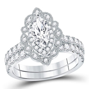14kt White Gold Womens Marquise Diamond Bridal Wedding Engagement Ring Band Set 2.00 Cttw (Certified)