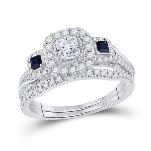 14kt White Gold Womens Princess Diamond Sapphire Engagement Ring Band Set 1.00 Cttw (Certified)