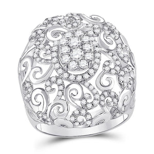 14kt White Gold Womens Round Diamond Filigree Cocktail Ring 1.00 Cttw