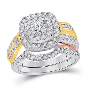 14kt Tri-Tone Gold Womens Round Diamond Bridal Wedding Engagement Ring Band Set 1.00 Cttw (Certified)