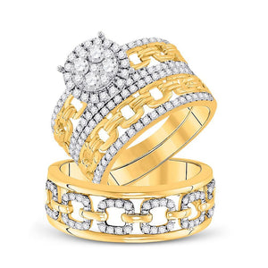 14kt Yellow Gold His Hers Round Diamond Cluster Matching Bridal Wedding Ring Band Set 1-3/8 Cttw