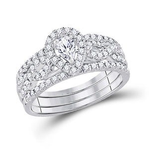 14kt White Gold Womens Pear Diamond 3-Piece Bridal Wedding Engagement Ring Band Set 7/8 Cttw