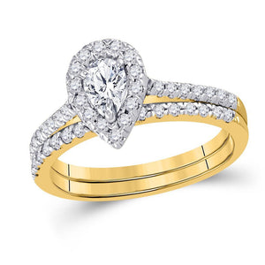 14kt Yellow Gold Womens Pear Diamond Bridal Wedding Engagement Ring Band Set 3/4 Cttw