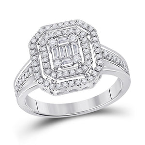 14kt White Gold Womens Baguette Diamond Fashion Emerald Halo Ring 1/2 Cttw