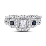14kt White Gold Womens Princess Diamond Sapphire Engagement Ring Band Set 1.00 Cttw (Certified)