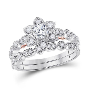 14kt Two-tone Gold Womens Round Diamond Starburst Bridal Wedding Ring Set 3/4 Cttw (Certified)