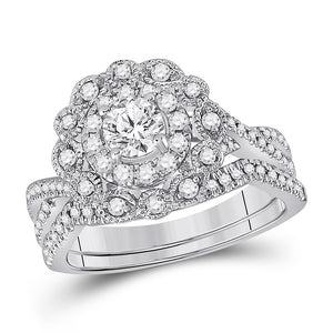 14kt White Gold Womens Round Diamond Halo Bridal Wedding Engagement Ring Band Set 1.00 Cttw (Certified)