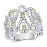 14kt White Gold Womens Round Yellow Diamond Fashion Cocktail Ring 1-1/2 Cttw