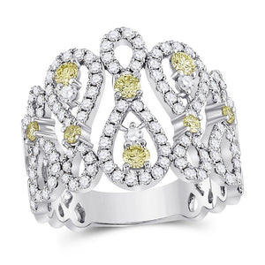 14kt White Gold Womens Round Yellow Diamond Fashion Cocktail Ring 1-1/2 Cttw