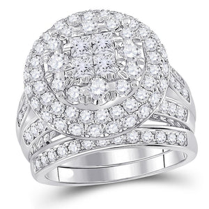 14kt White Gold Womens Princess Diamond Bridal Wedding Engagement Ring Band Set 3.00 Cttw