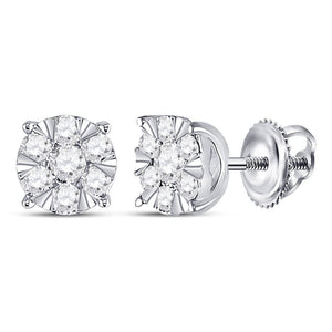 14kt White Gold Womens Round Diamond Flower Cluster Earrings 1/2 Cttw
