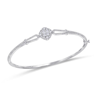 14kt White Gold Womens Princess Diamond Milgrain Bangle Bracelet 3/4 Cttw
