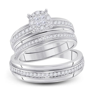 14kt White Gold His & Hers Diamond Cluster Matching Bridal Wedding Ring Band Set 5/8 Cttw